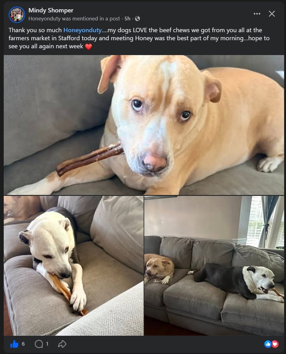 Facebook post from Mindy S.: 'my dogs LOVE the beef chews we got from you at the farmers market'