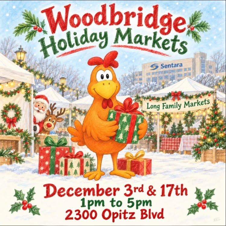 Woodbridge Holiday Markets poster — December 3rd & 17th, 1–5 PM at 2300 Opitz Blvd, Woodbridge VA