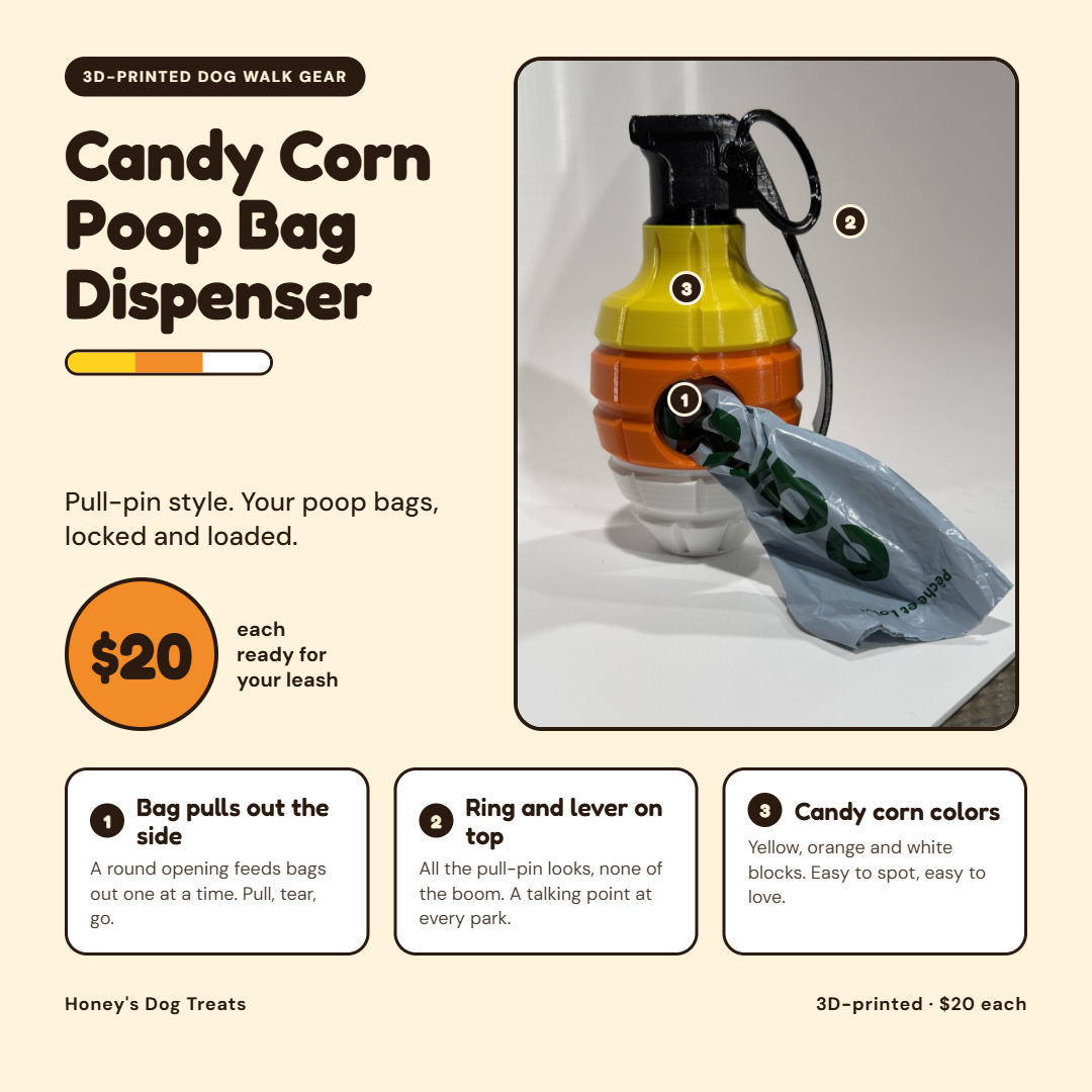 Candy Corn Poop Bag Dispenser side view showing bag dispensing from round opening